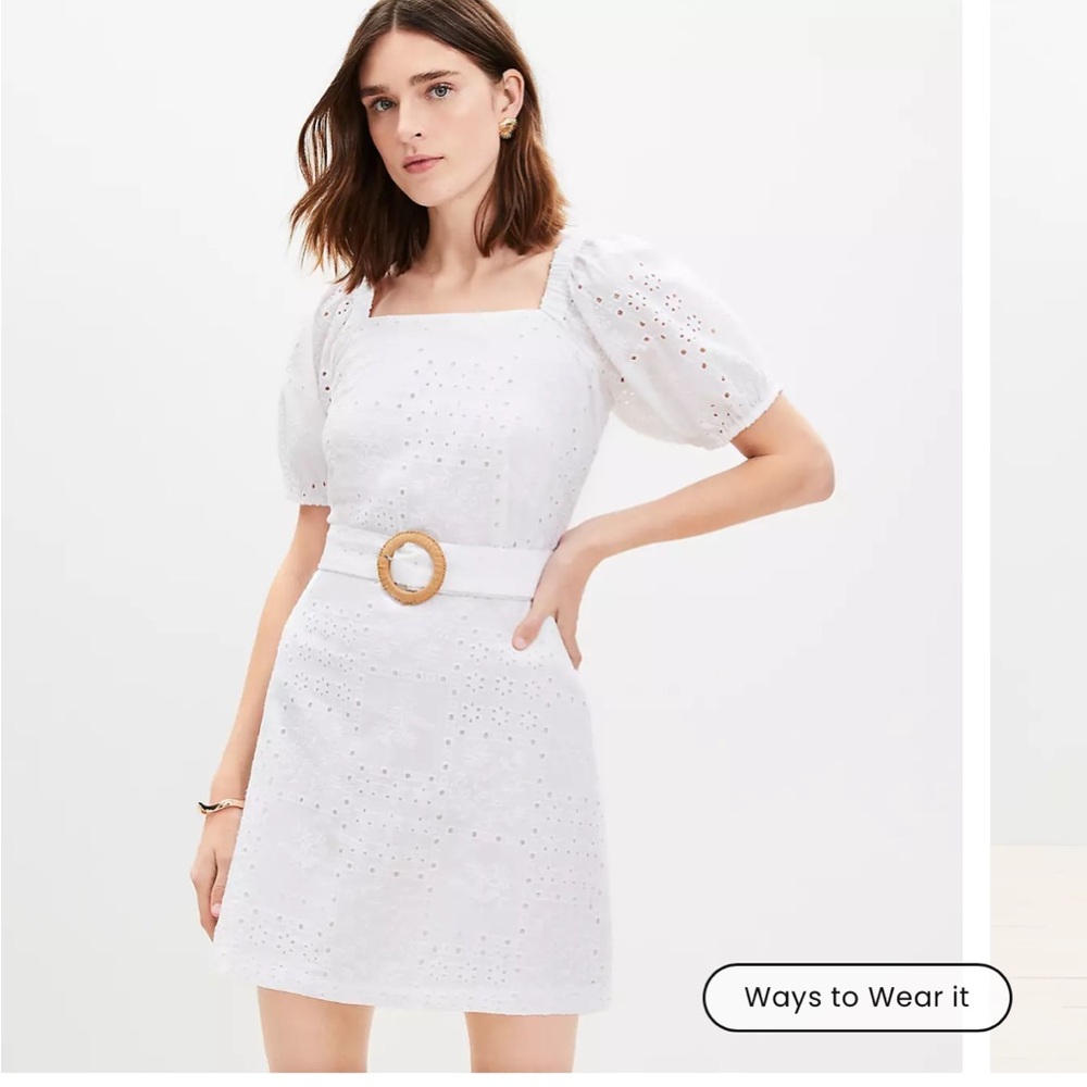 LOFT - White Eyelet Dress with Belt - NWT